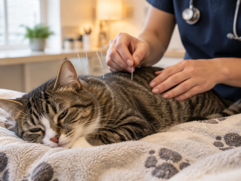 Gato recebendo acupuntura veterinária