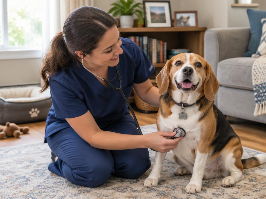 Veterinária atendendo um cachorro em casa