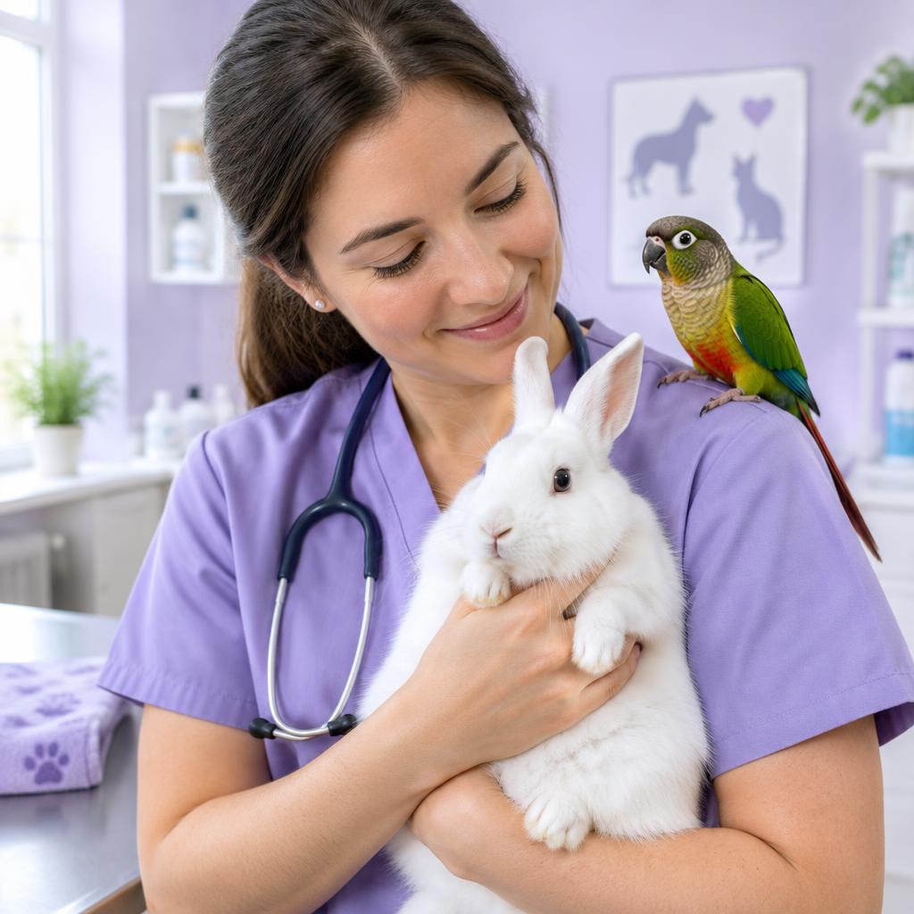 Imagem ilustrativa de veterinária com coelho e ave