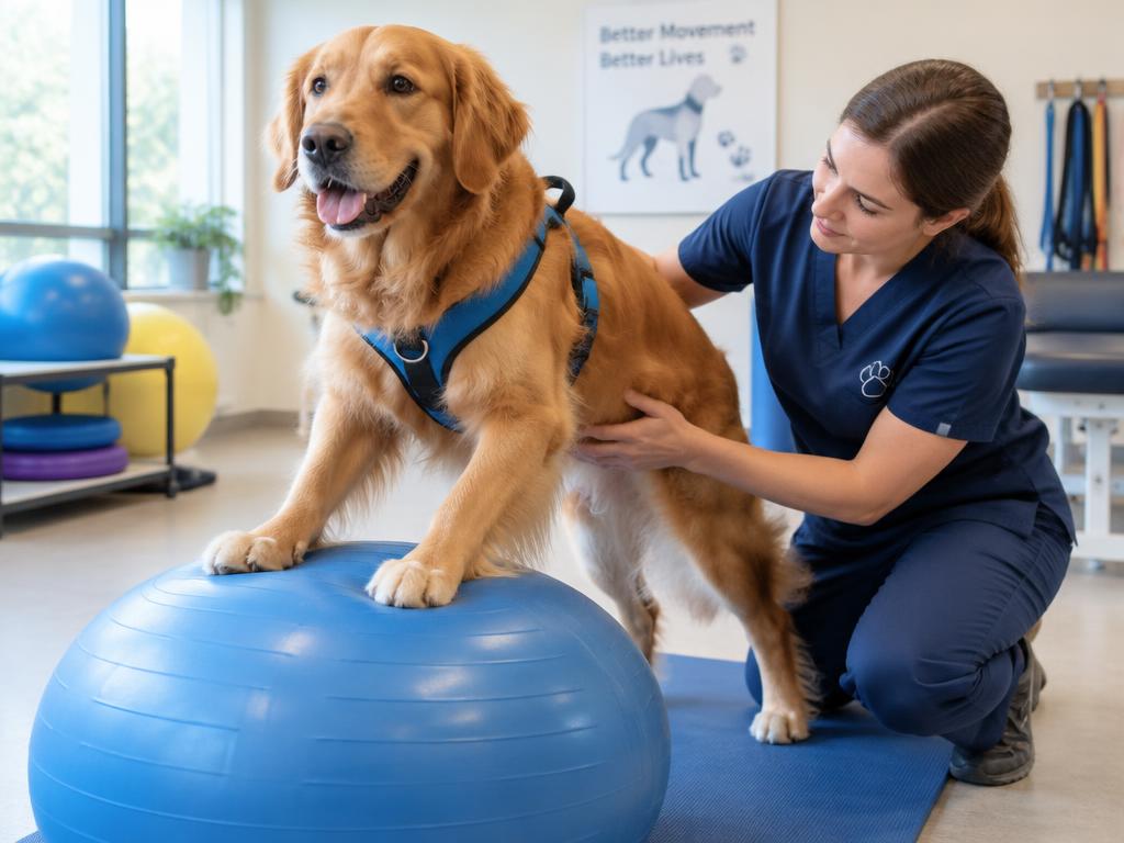 Cachorro em exercício de fisioterapia veterinária